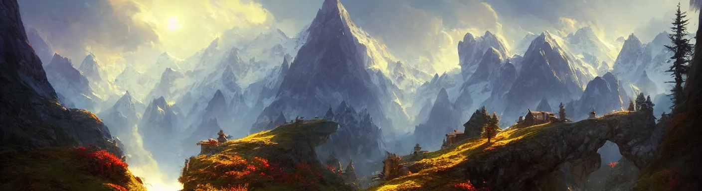 Image similar to beautiful fantasy alps landscape, godrays, magnificent, colorful reflections, diffuse lighting, luxury, detailed, sharp focus, close up, low angle, high detail, volumetric, illustration, cold lighting, by jordan grimmer and greg rutkowski, trending on artstation, pixiv