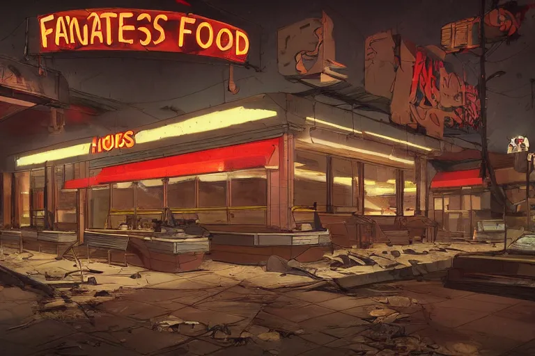 Image similar to the abandoned fast food restaurant of the dead crowded by demons, darkness, no light, hopeless, hell, artstation