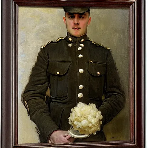 Prompt: portrait of an upset frightened soldier with an ice cream cone in his hand by emile friant