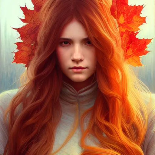 Image similar to girl with super long hair, hair becoming autumn red leaves, intricate, highly detailed, digital painting, artstation, concept art, smooth, sharp focus, illustration, unreal engine 5, 8 k, art by artgerm and greg rutkowski and alphonse mucha