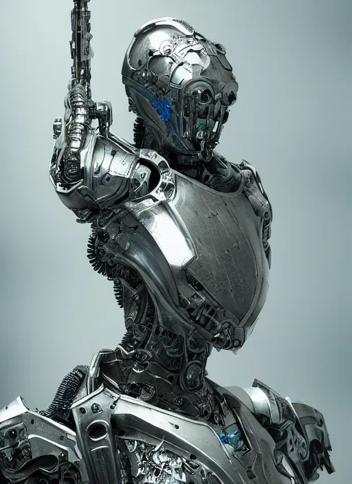 Image similar to portrait of a futuristic silver armored knight district 9 cyborg, in the style of annihilation, modern fine art, fractal, intricate, elegant, highly detailed, digital photography, subsurface scattering, by jheronimus bosch and greg rutkowski,