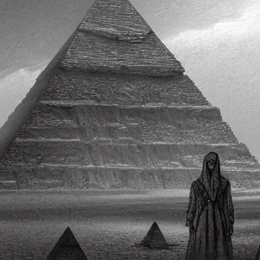 Image similar to A closeup shot of Pyramid Head standing in front of The Satanic Great Pyramid of Giza, intricate, highly detailed, fullbody, artstation, dark fantasy, horror, Silent Hill game, concept art, smooth, sharp focus, illustration, art by greg rutkowski and orientalism and bouguereau and Zdzislaw Beksinski, good clear quality, lighting, biology, symmetrical artwork, perfect face, 135 mm, cinematic, hyper realism, high detail, octane render, 8k, chrome accents