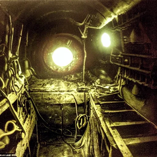 Prompt: Interior of a sinking Soviet submarine, shadowy creature lurking in the shadows with a grin, thalassophobia, claustrophobic, terror, cramped, archival footage