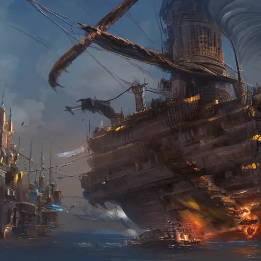 Prompt: A flying pirate ship crashing into the imposing magitek headquarters of the capital city of an industrial Empire, digital painting, concept art, artstation