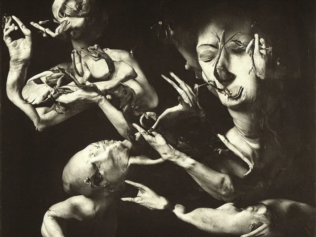 Prompt: Portrait of a haunted lotus-eater at night. Painting by Caravaggio, Roger Ballen