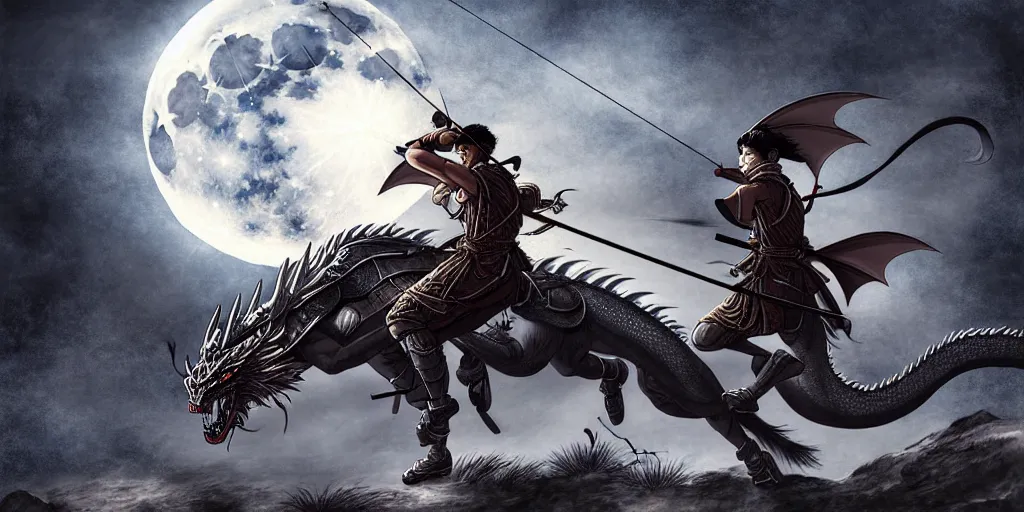 Prompt: korean archer wearing a helmet shooting an asian dragon. the moon is in the sky. there is a river. dark fantasy. high resolution. detailed. digital art. dark fantasy. kentaro miura.