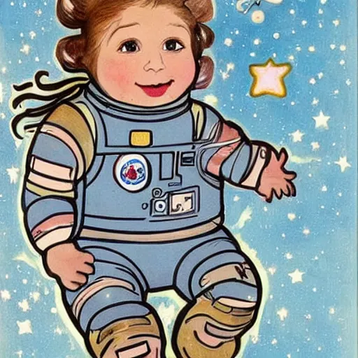 Image similar to a cute little girl with a round cherubic face, blue eyes, and short wavy light brown hair smiles as she floats in space with stars all around her. she is an astronaut, wearing a space suit. beautiful painting with highly detailed face by quentin blake and alphonse mucha