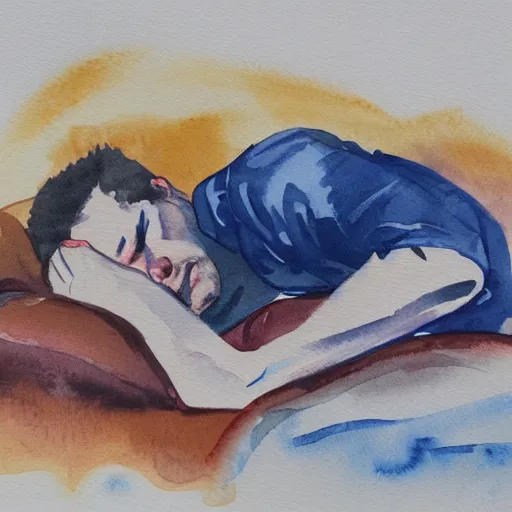 Prompt: watercolor painting of a man asleep and drooling