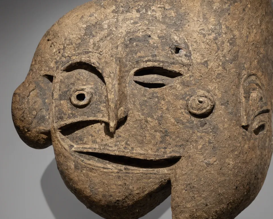 Prompt: 500mm wide shot of an ancient mask with 10 eyes around its head, museum exhibit