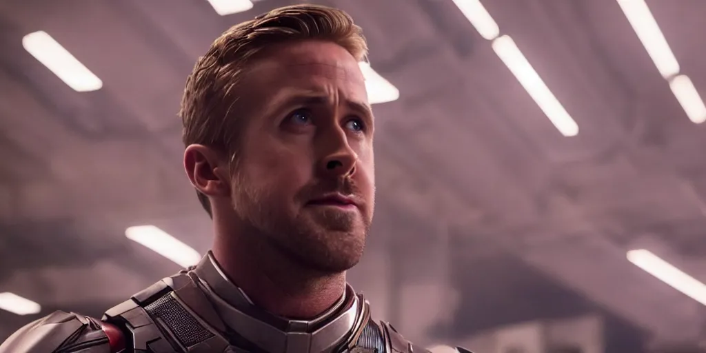 Image similar to Ryan Gosling as War Machine in 'Avengers: Endgame' (2019), movie still frame, oscar nominated cinematography, volumetric lighting, 8k resolution, beautiful composition