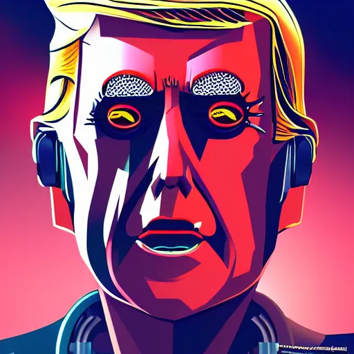 Image similar to cyberpunk robotic donald trump, sharp lines, digital, artstation, colored in