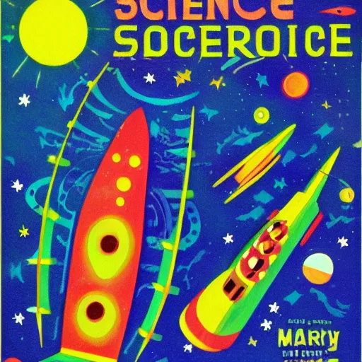 Prompt: science fiction spaceship by Mary Blair
