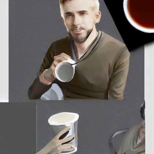 Prompt: startup CEO having a cup of tea. Handsome!!!!!!! sci-fi concept art photorealistic!!!!!