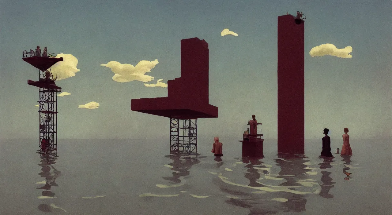 Image similar to single flooded simple human skin tower, very coherent and colorful high contrast!! masterpiece by rene magritte simon stalenhag carl spitzweg syd mead norman rockwell edward hopper james gilleard, minimalist, dark shadows, sunny day, hard lighting