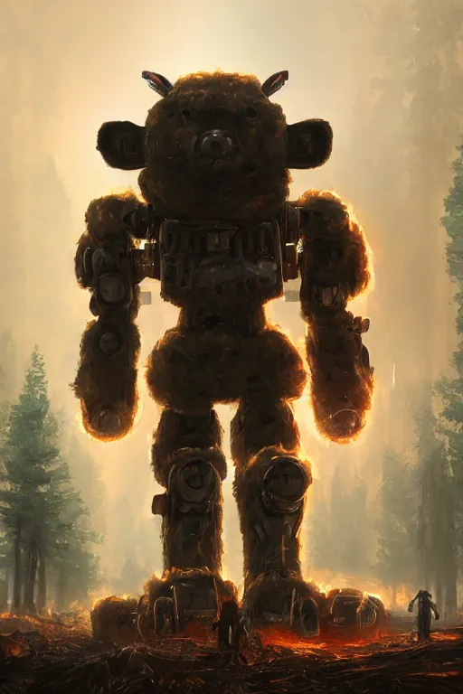 Image similar to giant mech teddybear robot walking through burning forest, dystopian, sci-fi, extremely detailed, digital painting, sculpted in zbrush, artstation, smooth, sharp focus, illustration, chiaroscuro lighting, golden ratio, incredible art, artgerm