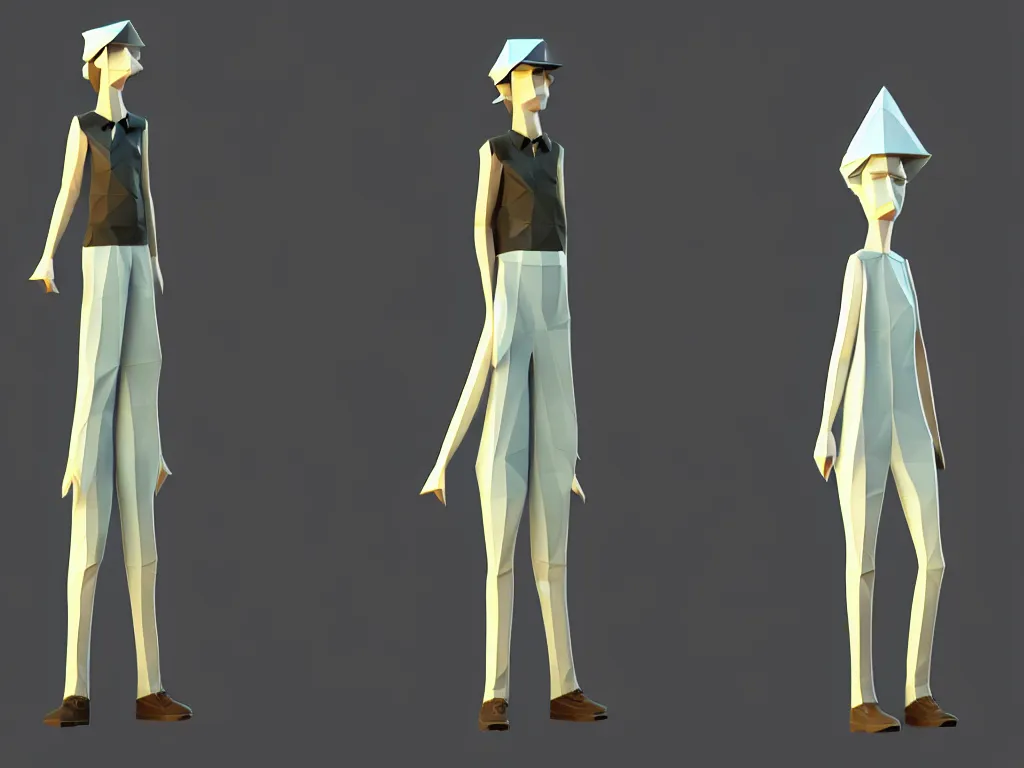 Prompt: kentucky route zero character design, 3 d model, low poly, 4 k