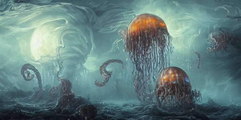 Prompt: concept art of giant translucent glowing jellyfishes, lovecraftian divers, lots of teeth, melting horror, round moon, rich clouds, fighting the horrors of the unknown, high resolution, very detailed, roaring, volumetric light, mist, grim, fine art, decaying, textured oil over canvas, epic fantasy art, very colorful, ornate, anato finnstark