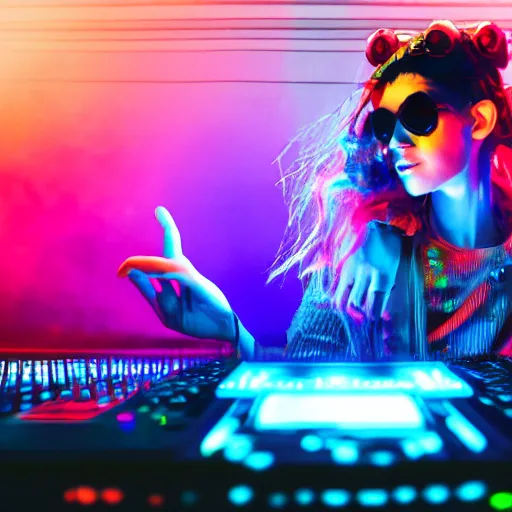 Image similar to Grimes DJing onstage playing with a synthesizer, neon, lambent lighting with vivid and radiant colors, 35mm photography, volumetric lighting, trending on artstation, artstationHD, artstationHQ, 4k, 8k.