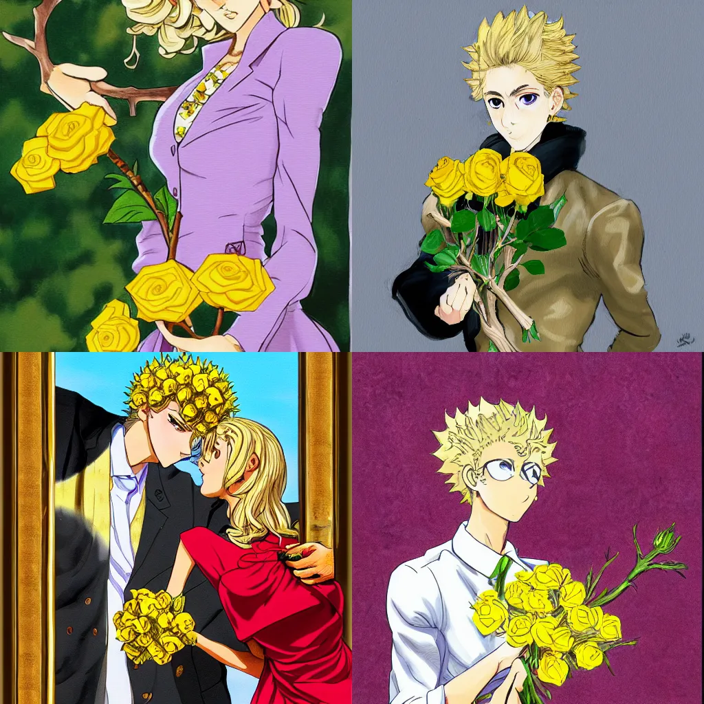 Prompt: A 2d painting of giorno giovanna holding a branch of yellow rose during a marriage proposal, pixiv style