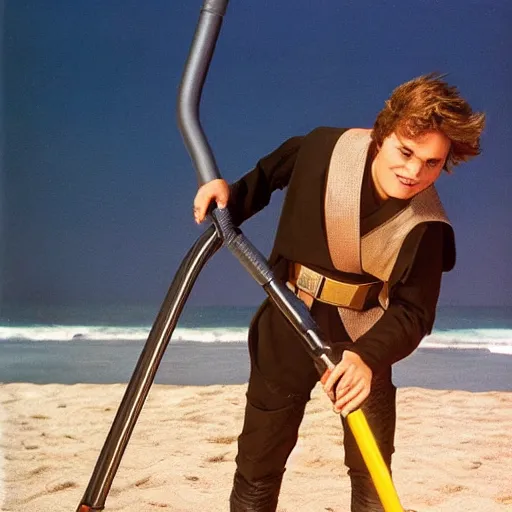 Image similar to anakin skywalker vacuuming the beach to remove sand