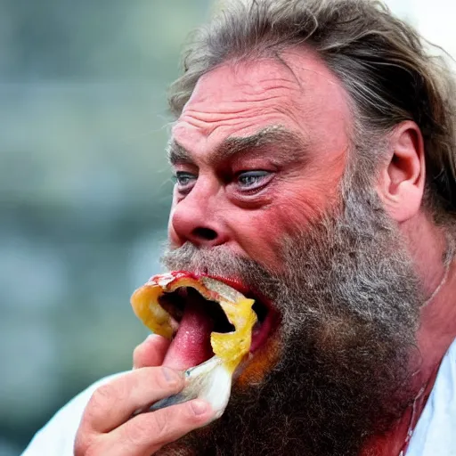 Prompt: close up shot of brian blessed swallowing a fish whole. photography, photographic