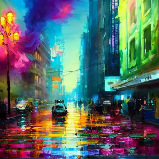 Image similar to acrylic painting, impressionism and expressionism, strong emotional impact, bold pastel colors, expressive brushstrokes, puddles, overall sense of movement in the composition. an art deco streetscape lined with beautiful flowers, by liam wong and tyler edlin, trending on artstation