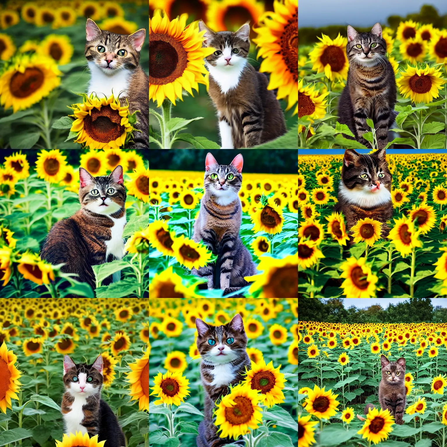 Prompt: cute cat in a sunflower field, celebrating a birthday