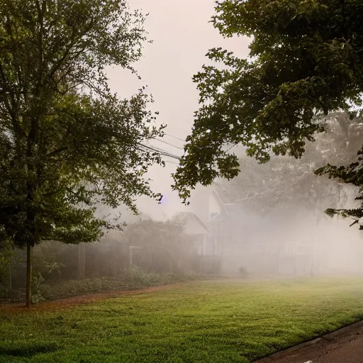 Image similar to poor neighborhood, overgrown, photo taken from a porch, fog rolling along the ground, ethereal, police lights shining off camera