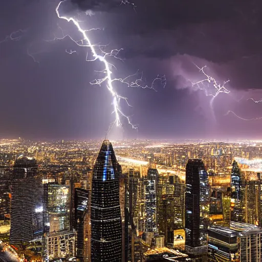 Prompt: biggest lightning bolt, city, skyscrapers, dark night, cloudy sky, city view photograph