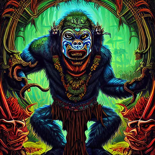 Image similar to barong family member, wiwek, mara demon, one single tribe member, jungle, one single mask, dark, ancient warrior, gorilla, lizard, tribal, inner glow, art by dan mumford and justin gerard