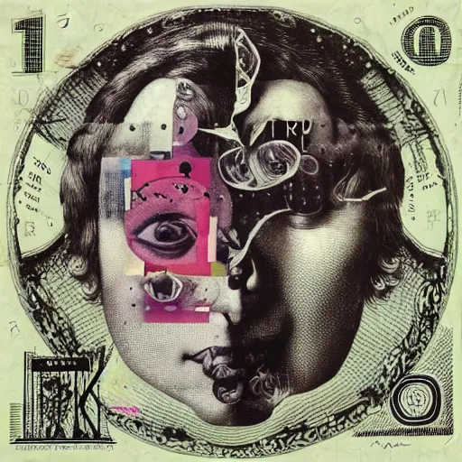 Prompt: post - punk new age album cover, asymmetrical design, dollar bank notes, capitalism, magic, apocalypse, psychedelic, black white pink, magic, giger h. r., giuseppe arcimboldo, peder aalto