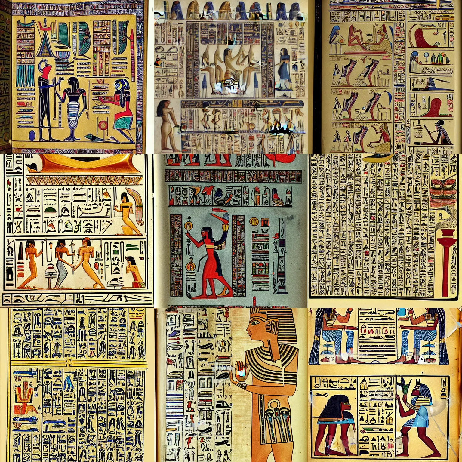Prompt: page of magic book full of egyptian hieroglyphs, with illustration of magic