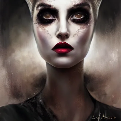 Prompt: painting of a gorgeous self conscious, disparaging female villain in the style of lise deharme, hyperrealistic eyes with natural makeup, very elaborate abundant hairstyle, low contrast, silk skin, low angle