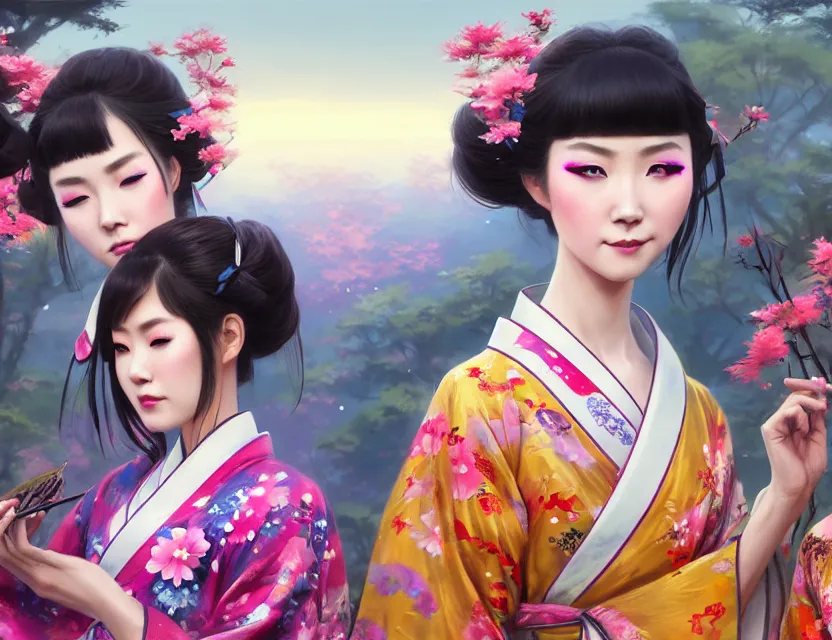 Image similar to two beautiful fashion taiwan girls wear fantasy yukata in festival | | big eyes, sunny, dreamlike art, realistic shaded, smile, good looking, fine details, 4 k realistic, cryengine, realistic shaded lighting poster by greg rutkowski, magali villeneuve, artgerm, jeremy lipkin and michael garmash and rob rey