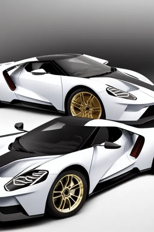 Prompt: ford gt 9 0 concept car painted in white pearl with gold rims