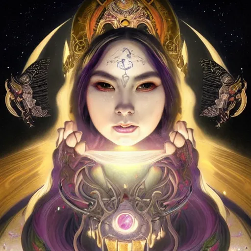 Image similar to portrait painting of a beautiful moon goddess, wearing a dark hooded robe, sacred tattoos on her face, smirking, holding a giant astral scyther, moon colours, glowing reality, ultra realistic, concept art, intricate details, mystical, highly detailed, photorealistic, octane render, 8 k, unreal engine. art by artgerm and greg rutkowski and alphonse mucha