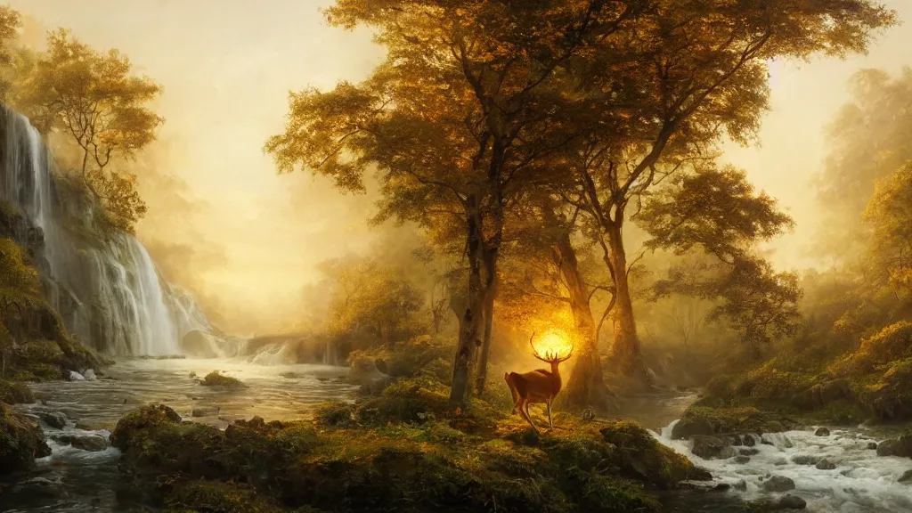 Image similar to the most beautiful panoramic landscape, oil painting, where a giant dreamy waterfall creates a river, the trees around are starting to bloom in a great variety of colors, a majestic deer is drinking water from the river and a ray light of the sunrise is brightening him, there is fog by greg rutkowski