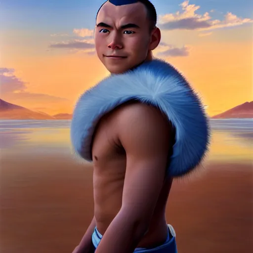 Image similar to beautiful serene intricate portrait of sokka from the water tribe as a young inuit man with blue eyes, smiling softly, relaxing on the beach, golden hour, soft focus, 8 k, art by irakli nadar, hyperrealism, hyperdetailed, ultra realistic