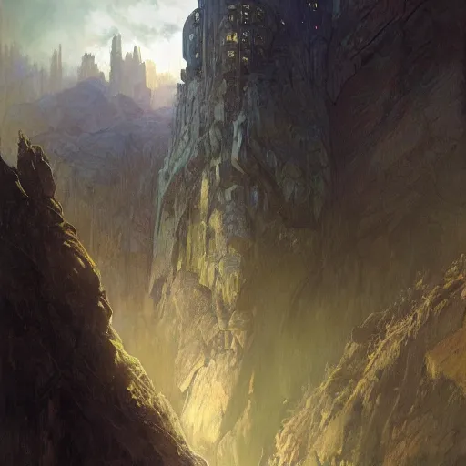 Prompt: hyperrealist portrait of a vast cliff face with one enormous futuristic building jutting out over a massive river valley at night by jeremy mann and alphonse mucha and alan lee, fantasy art, photo realistic, dynamic lighting, artstation, poster, volumetric lighting, very detailed faces, award winning, full face, symmetry