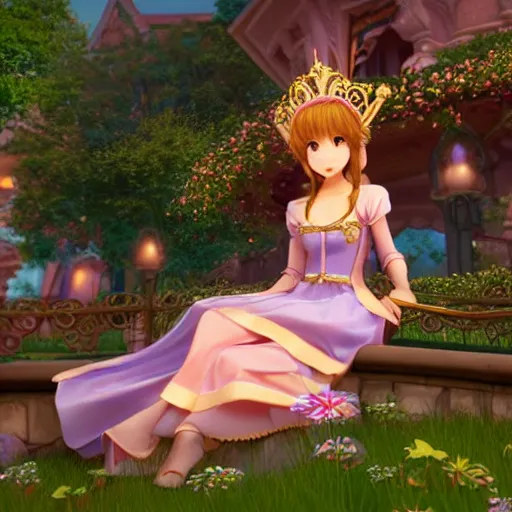 Image similar to a pleasant, beautiful, funny, smooth 3D CG render, semirealistic anime style, a noble priestess magician princess girl wearing dress and jewelry, in a glorious magic kingdom, relaxing calm vibes, fairytale