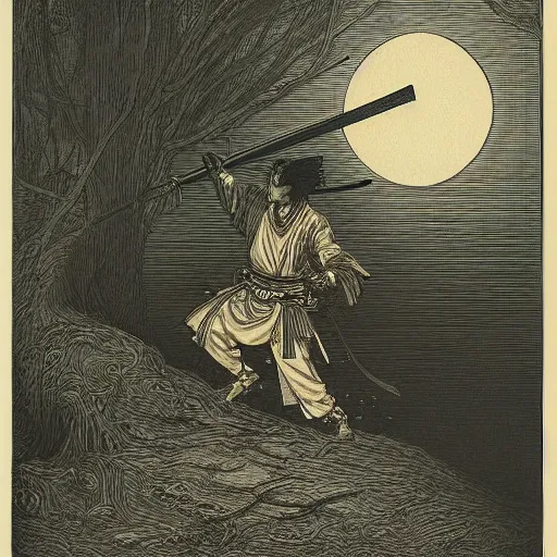 Prompt: samurai wielding a sword, moon, forest, night, illustration by Gustave Doré