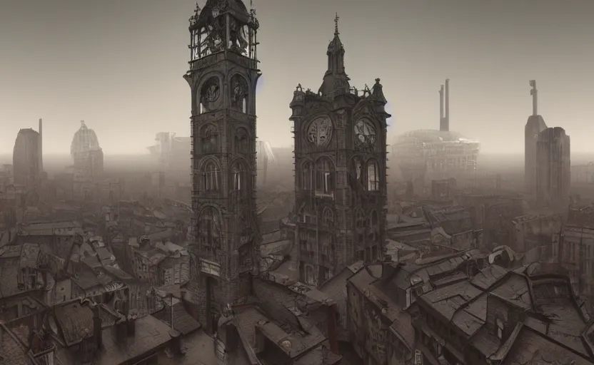 Image similar to an asymetric clocktower, looming above an early 1900s industrial english cityscape at dusk, by tim burton, by zdzislaw beksinski, by igor morski, by laurie lipton, photorealistic, realistic shadows, Burtonesque, German expressionism, 3d, rendered in octane, rendered in lumion, matte painting