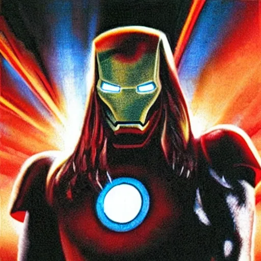 Image similar to Black Sabbath's Iron Man, man turned to steel, red eyes of vengeance