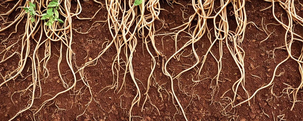 Image similar to roots made of spaghetti buds, growing out of the dirt, kodachrome, in the style of wes anderson, retro