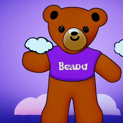 Image similar to cartoon bear wearing clothes being launched out of a futuristic machine into a purple and orange cloud land