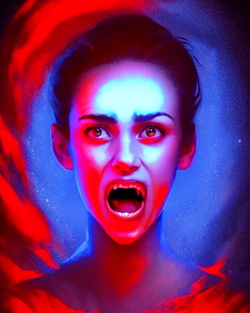 Prompt: beautiful Stella Maeve screaming in fear in a red cave, blue lighting deep in the cave, symmetrical face symmetrical eyes, red hair, portrait, Charlie Bowater character art, no long neck, cinematic lighting