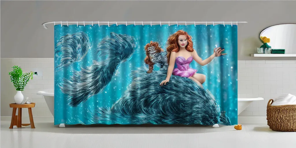 Image similar to a main coon kitten little mermaid themed shower curtain, product photography. digital art. 4 k, highly detailed.