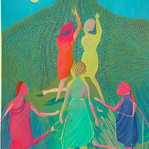 Image similar to The land art is a beautiful work of art. The three graces are depicted as beautiful young women, each with their own unique charms. The land art is full of color and life, and the women seem to radiate happiness and joy. Mesozoic, Ancient Roman by Noelle Stevenson jaunty