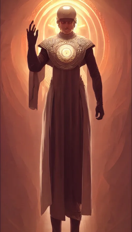 Image similar to full body Character design of a scifi religious monk with helmet, symmetrical, center punched, Archviz, elegant, intricate, digital painting, artstation, concept art, smooth, sharp focus, illustration, art by artgerm and greg rutkowski and alphonse mucha