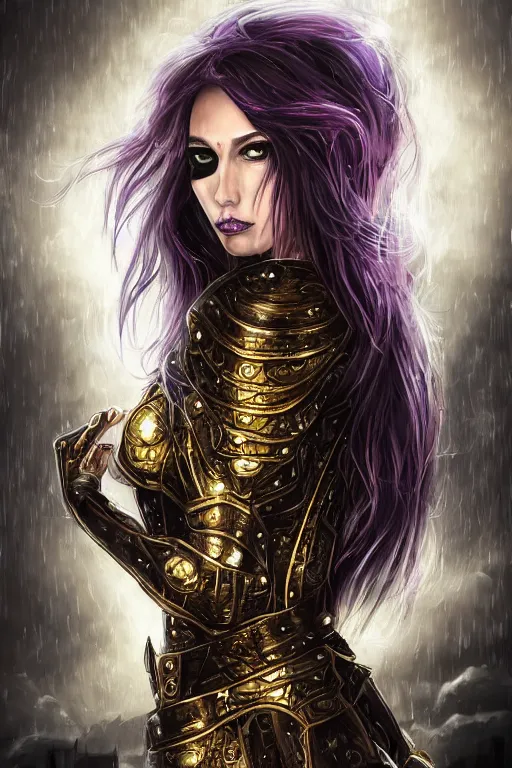 Image similar to portrait evilly knights of Zodiac girl+smoky eyes, metalic deep purple and black reflected armor, in ruined Agora of Athens thuder flash night and stormy rainning, ssci-fi, fantasy, intricate, very very beautiful, elegant, golden light, highly detailed, digital painting, artstation, concept art, smooth, sharp focus, illustration, art by tian zi and WLOP and alphonse mucha